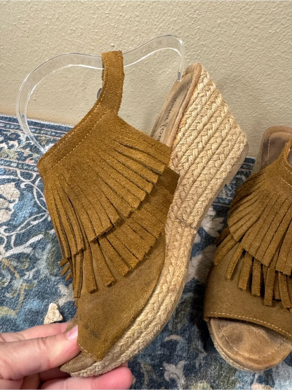 Minnetonka Suede Fringe Espadrille Wedges in Tan Brown